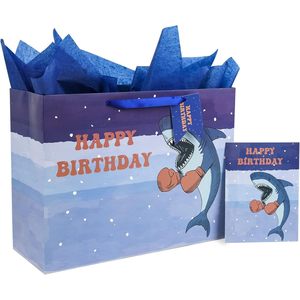 Shark Design Gift Bag With Birthday Card And Tissue Paper 16 Inch <b>Extra</b> <b>Large</b> For Boys - Product Image 1