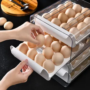 Cucina 32 griglia doppio strato impilabile uovo scatola trasparente tipo cassetto organizzatore frigorifero rack vassoio di plastica cartone