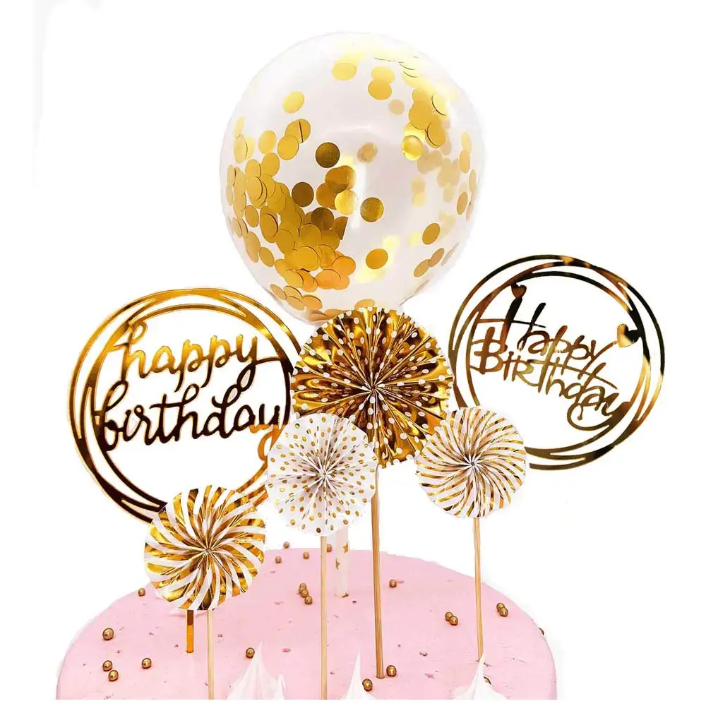 Happy Birthday gold Cake Toppers Acrylic Round wedding Golden Cupcake Topper Confetti Balloon Birthday Cake Supplies Decoration