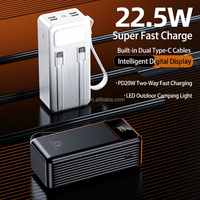 Batterie externe à grande capacité, charge rapide, 30000 mAh, câble intégré, sortie 22,5 W, lampe torche LED portable, batterie externe 50000 mAh