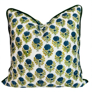 New Bohemian Luxury Floral Contrasting Piping Pillows Block Printed Cushions Upholstery Cotton Fabric Throw Pillow <b>Covers</b> - Product Image 1