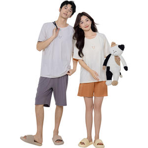 Pyjama d'été en coton modal Lenzing pour couple, vêtements de nuit pour femmes, coussinets de poitrine, manches courtes, shorts, coupe décontractée, peut être porté - Product Image 3