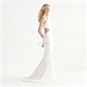 Vestido maxi de sirena <span class=keywords><strong>blanco</strong></span> de un hombro para mujer con corte lateral y tren plisado, elegante vestido formal para fiesta y boda - Product Image 3