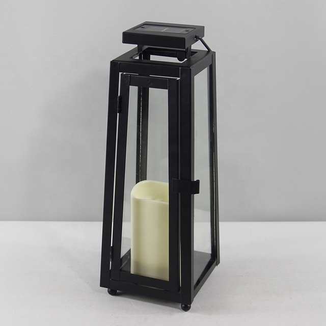 Outdoor Decoration Waterproof Black Metal Patio Hanging Glass LED Light Solar Garden Lantern With Plastic Candle