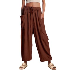 Nuovi <span class=keywords><strong>Pantaloni</strong></span> Larghi da <span class=keywords><strong>Donna</strong></span> a Vita Alta con Pieghe, in Cotone e <span class=keywords><strong>Lino</strong></span>, con Elastico in Vita, Casual, per l'Estate 2026 - Product Image 6