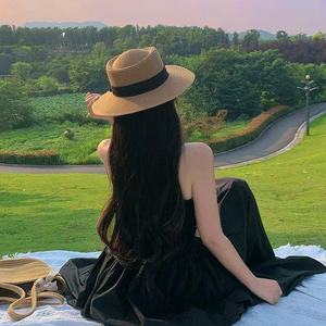 French Style Flat Top Straw <b>Hat</b> For <b>Women</b> Large Size <b>Summer</b> Sun Protection Beach <b>Hat</b> Solid Color Woven <b>Hat</b> - Product Image 2