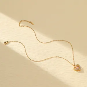 Korean Luxury Copper Pink Heart Pendant Necklace Cute Sweet Peach Collarbone Chain Choker Fashion Jewelry