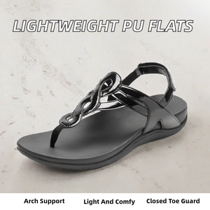 Ladies Fashion PU Leather Flat Sandals Arch <b>Support</b> Rubber Outsole Light Weight Summer Closed-<b>Toe</b> Slip-On Trendy Design - Product Image 2