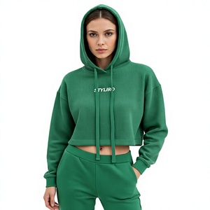 <b>Women's</b> Green Cropped Hoodie With Front Logo Print Regular Sleeve Knitted Sweatshirt Autumn Casual Wear - Product Image 1