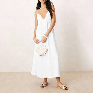 Vestido Largo con Tirantes Finos para Mujer, Nuevo Modelo 2026, Escote Profundo en V, Color Blanco, Vestido Fruncido, Elegante e Informal - Product Image 2