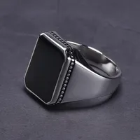Real Solid 925 Sterling Zilveren Ring Eenvoudige Voor Mannen Met Zwarte Vierkante Platte Gel Steen Hoge Polijsten Midden-oosten Turkse sieraden