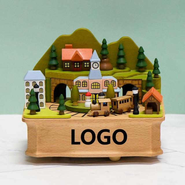 RTS Custom Logo Mechanical Clockwork Mountain Train Station Wooden Music Boxes with Rotating Train Eco-Friendly