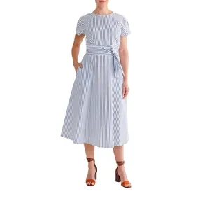 2024新しいデザインのファッションレディースラウンドネックネクタイウエストロングサマーストライププリントワークドレス婦人服カジュアルドレス