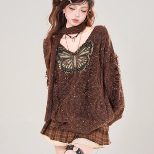 <span class=keywords><strong>American</strong></span> <span class=keywords><strong>Vintage</strong></span> Butterfly Patchwork V-neck <span class=keywords><strong>Long</strong></span> Sleeve Sweaters with Scarf Y2k Punk Tassel Spicy Girl Pullovers - Product Image 3