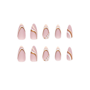 <span class=keywords><strong>Uñas</strong></span> Postizas Acrílicas de Lujo Estilo Novia, <span class=keywords><strong>Largas</strong></span>, Almendradas, <span class=keywords><strong>Color</strong></span> <span class=keywords><strong>Rosa</strong></span> Empolvado, con Franjas Blancas Francesas Curvadas y Rayas Doradas - Product Image 2