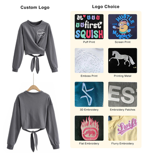 Winter Crew Neck Drop Shoulder Dark Gray Wholesale Blank Custom Logo Cross <strong>String</strong> Tie <strong>Top</strong> Women Pullover Crop Sweatshirt&amp;Hoodies - Product Image 4