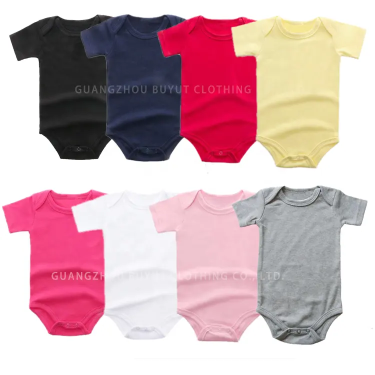 Barboteuse à manches courtes en coton polyester pour bébé, personnalisé, blanc, rouge, couleur unie, 190gsm
