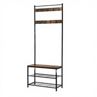 Porte-manteau, banc à chaussures et meuble de rangement d'entrée 3-en-1, aspect bois, structure métallique en acier inoxydable, trois niveaux