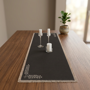 Chemin de table en coton premium gris foncé avec broderie de feuilles blanches et bords frangés |   Décoration élégante de table à manger - Product Image 4
