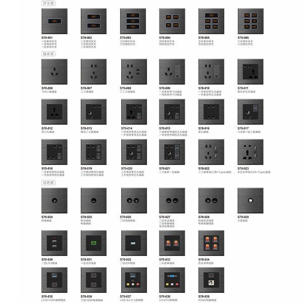 High Performance Waterproof Hotel S70 Series Switch Socket Superior Quality Grey Panel Electric Light Switches and Wall Socket