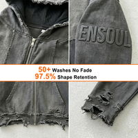 Premium Distressed Zip-up Hoodie mit 97,5% Formbeständigkeit, 3D-Silikon-Prägelogo, Schwere Baumwolle, Streetwear-Hoodies aus Fabrikproduktion