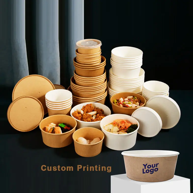 Custom Printed Disposable Kraft Paper Salad Bowl Takeaway Food Packing Containers With Lid