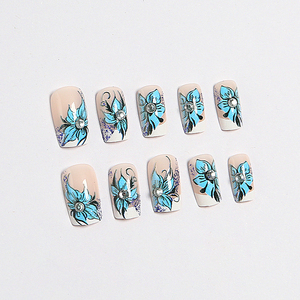 <span class=keywords><strong>Faux</strong></span> ongles carrés bleus à motif floral, en ABS, avec strass, style Ins, pour <span class=keywords><strong>pose</strong></span> avec colle - Product Image 1