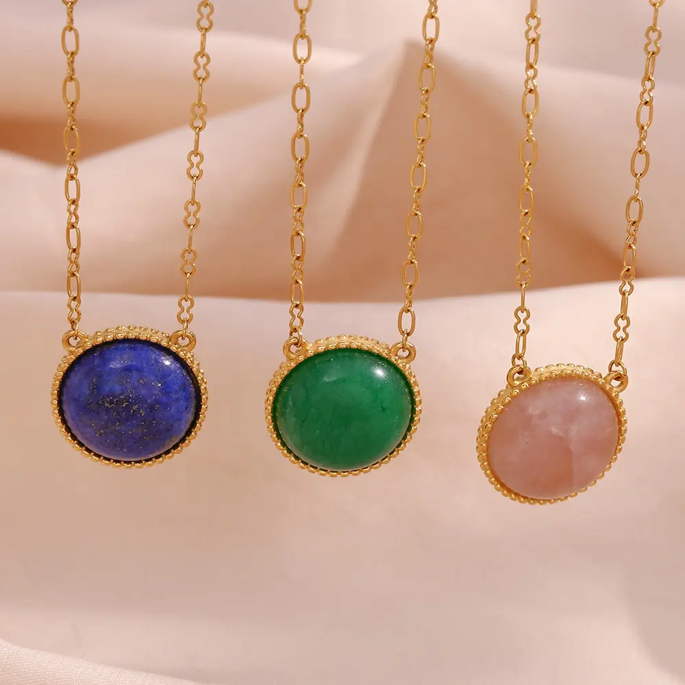 Colorful Round Gemstone Jewelry PVD Gold Plated Natural Stone Necklace Stainless Steel Jewelry