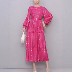 Vestido Midi Miyake Plisado de Línea A, Casual, Vintage, con Estampado de Lunares, Manga Farol y Cintura Holgada para Mujer, <span class=keywords><strong>Venta</strong></span> Directa de Fábrica - Product Image 2