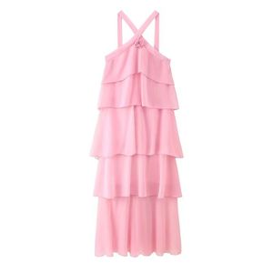 Vestido Largo de Moda con Estampado Sólido, Sexy, Rosa, sin Tirantes, con Espalda Descubierta y Cuello Halter - Product Image 2