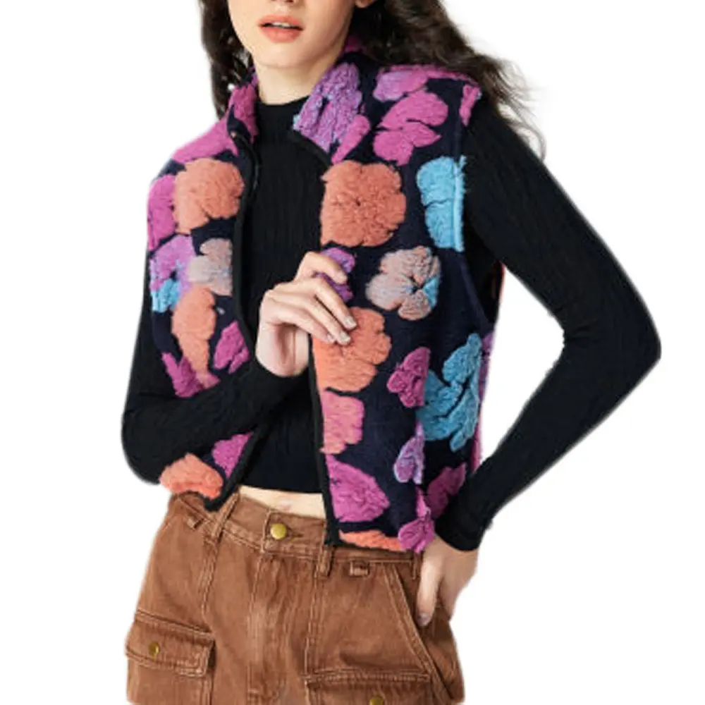 Jaket bunga Vintage musim gugur dan dingin, mantel bulu tanpa lengan mode wanita atasan ritsleting 2023