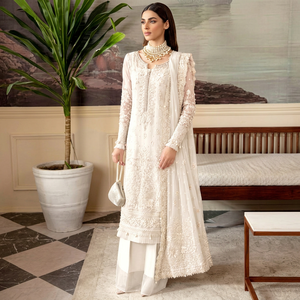 Costume de fête indien pakistanais pour femmes, ivoire, brodé, longueur au sol, avec dupatta - Product Image 1