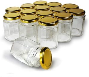 Contenitori Vuoti per Miele Disponibili in Fabbrica, Barattoli di <span class=keywords><strong>Vetro</strong></span> Esagonali con Coperchi a Vite Dorati per Bomboniere e Marmellate - Product Image 1