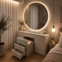 Coiffeuse avec miroir LED, plateau en verre, tabouret intégré et tiroirs, blanc, mobilier moderne, vente en gros OEM