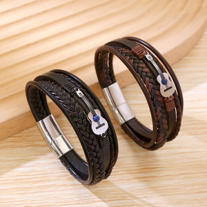 Nueva Llegada: Pulseras de Cuero <span class=keywords><strong>para</strong></span> Hombre con Diseño de Guitarra Musical, Hebilla Magnética de Acero Inoxidable, Pulsera de Cuero Trenzado <span class=keywords><strong>para</strong></span> Hombre, Joyería - Product Image 1
