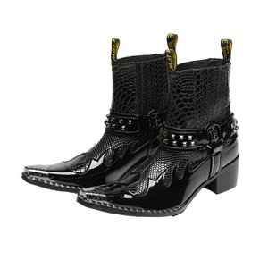 Bottes de cowboy occidentales NA741 pour hommes, en cuir véritable, à enfiler, avec embout en acier, noires, pour soirée, équitation ou moto - Product Image 1