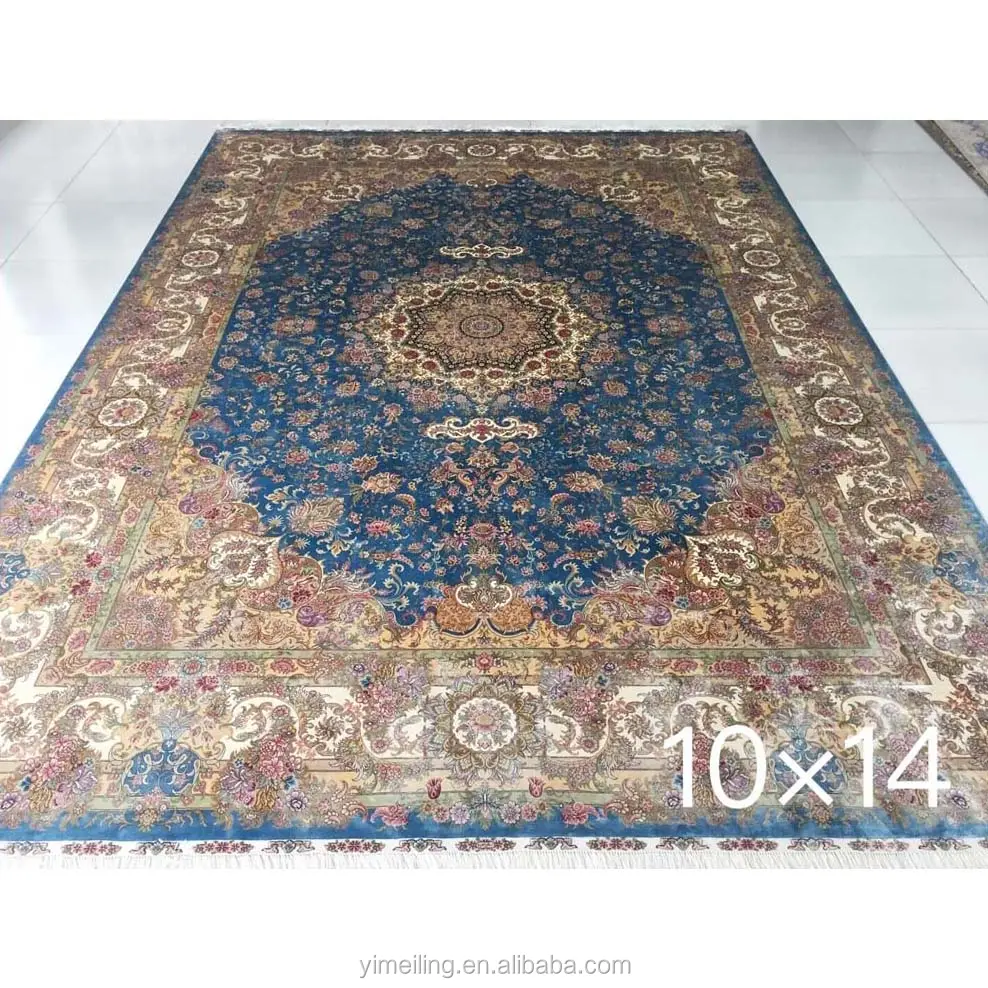 Alfombra Oriental tradicional azul de gran tamaño, hecha a mano, de seda pura persa, para sala de estar, 10x14