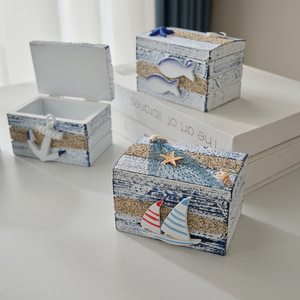 Ocean Themed Wooden Jewelry Box Mediterranean Style Beach Decor Rectangular <b>Storage</b> Box For Living Room <b>Tabletop</b> Prop - Product Image 2