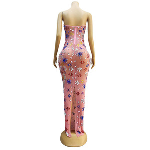 Abito Lungo in Pizzo per Cantante, Spettacolo sul Palco, Presentatrice, Cerimonia, <span class=keywords><strong>Rosa</strong></span>, Elegante, con Motivo a Gemme, Stile Lussuoso, Maxi Abito Casual Aderente - Product Image 3