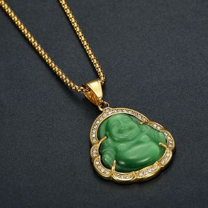 Maitreya Buddha Pendant Stainless Steel Gold Plated Rhinestone Inlay Green Cat's Eye Stone Unisex Necklace Gift - Product Image 3