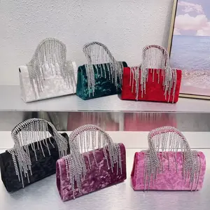 Fashion Lady Sparkling Rhinestone Gradient Velvet Square Party Women Evening Purse Clutch Tote Bag Tassel Wedding Handbag