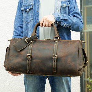 Bolso de fin de semana duradero de cuero genuino a la moda con bolsa para zapatos, bolso de lona de cuero de gran tamaño para hombres, bolso de viaje de cuero - Product Image 4