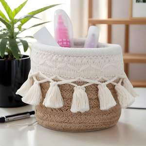 Cesta Tejida de Yute y Algodón Natural, Cesta Pequeña de Macramé con Borlas, Contenedor de Almacenamiento para Cosméticos, Productos para el Cuidado de la Piel, Organización de Escritorio - Product Image 3