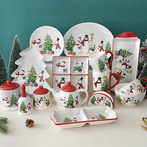 Nordic Christmas Snowman Tableware Set Embossed Rice Salad Bowl Plate Cup Wholesale Ceramic Dinnerware