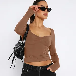 Wholesale New Arrivals Fashion Sexy Crop Tops For Women Baby Tees Shirts Y2k Long Sleeve Square Neck Simple Women's T-shirts