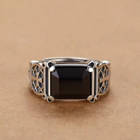 Bague Chevalière Vintage en Argent 925 pour Homme, Gravure Croix Turque, Agate Noire Naturelle, Bijoux Hip-Hop Rock, Type Ouvert