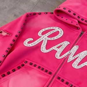Fabricante de Ropa: Chaquetas con Capucha para Hombre, de Corte Holgado y Corto, con Bordado, Lavado Ácido Rosa, Efecto Diamante y Desgastado por el Sol, con Cremallera y Pedrería - Product Image 2