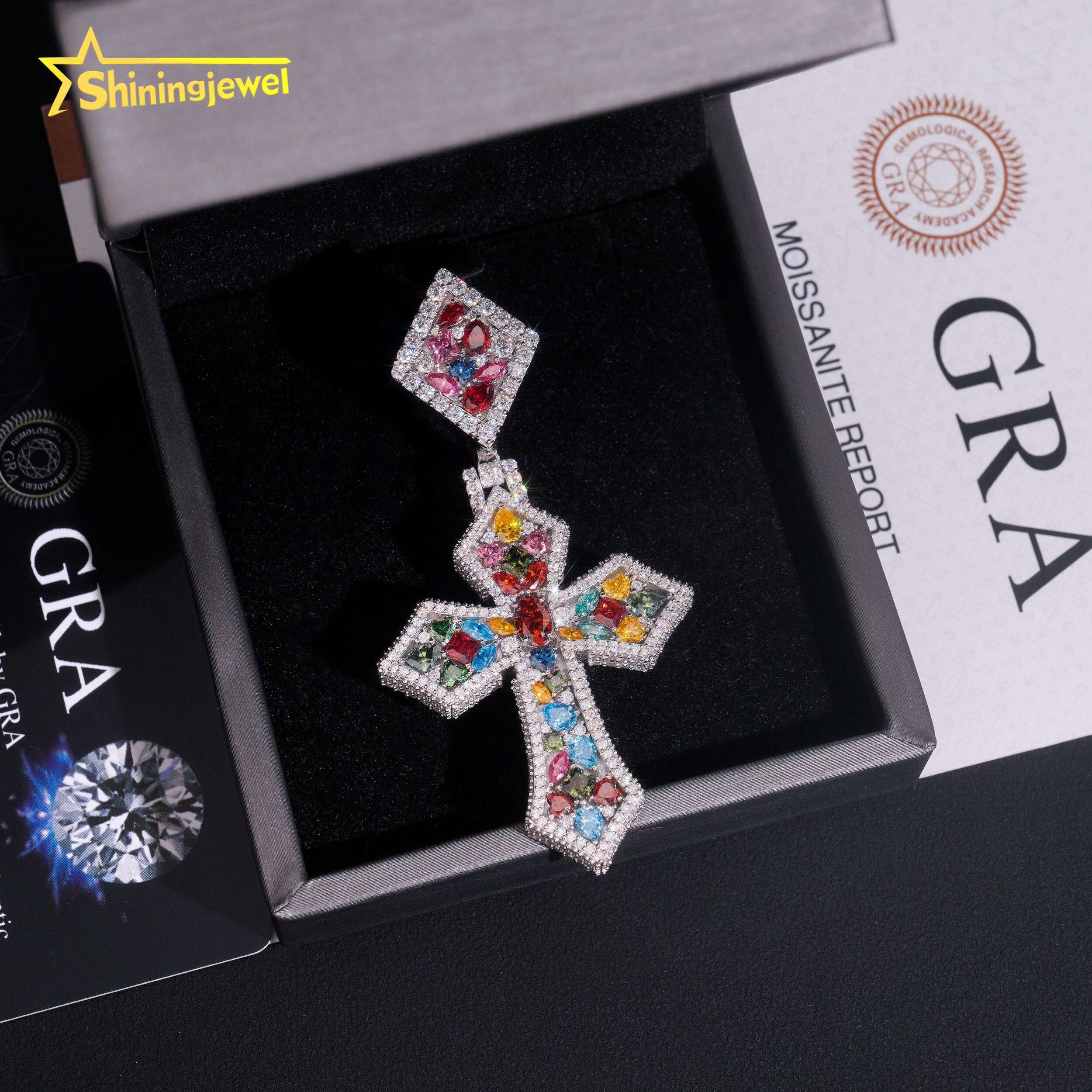 925 Sterling Silver Rapper Iced Out Colorful Moissanite Cross Pendant ...