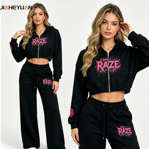 <strong>Women's</strong> Garment Washed Heat Transfer Heavyweight Cotton Terry Cropped Zip <strong>Hoodie</strong> &amp; Wide Leg Pants Two Piece Y2K Streetwear Set - Product Image 3