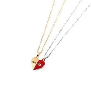 Wholesale 2Pcs/Set Couple Chain Necklaces Half Heart Pendant Heartbeat Magnetic Heart Necklace For Woman